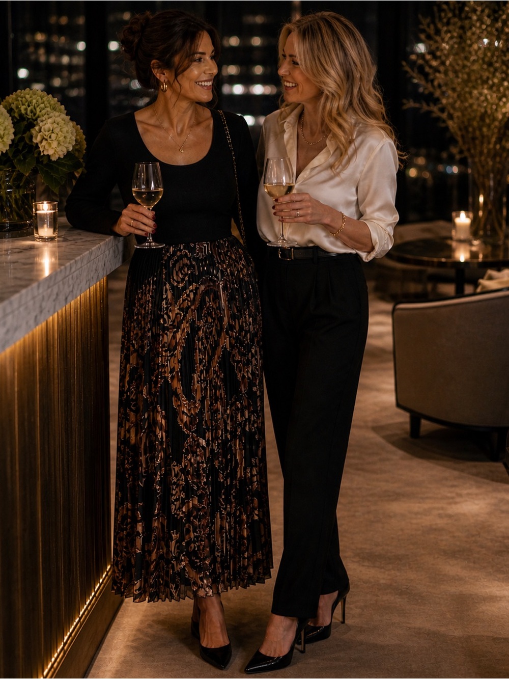 Elie Tahari Black and Brown Patterned Long Sleeve Dress